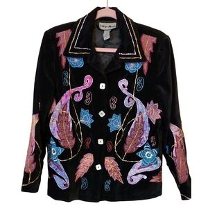 Indigo Moon Black Paisley Floral Embroidered Bohemian Jacket Women's Size S‎ Vtg